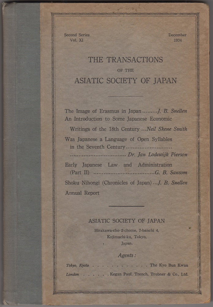 Item #44811 Transactions of the Asiatic Society of Japan. Second Series, Vol. XI. December 1934. Japan. Asiatic Society of Japan.