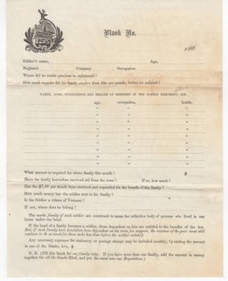 Item #44818 Aid Request form for Families of Civil War Soldiers. Civil War, Vermont