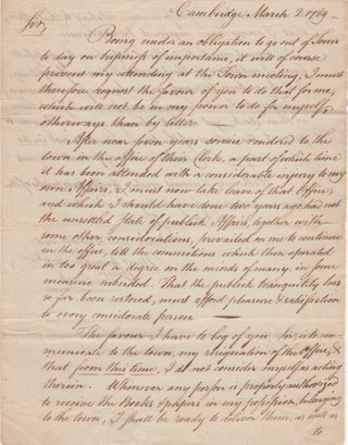 Item #44939 [ALS] Letter of Resignation from Cambridge Town Clerk, William Winthrop. Harvard...