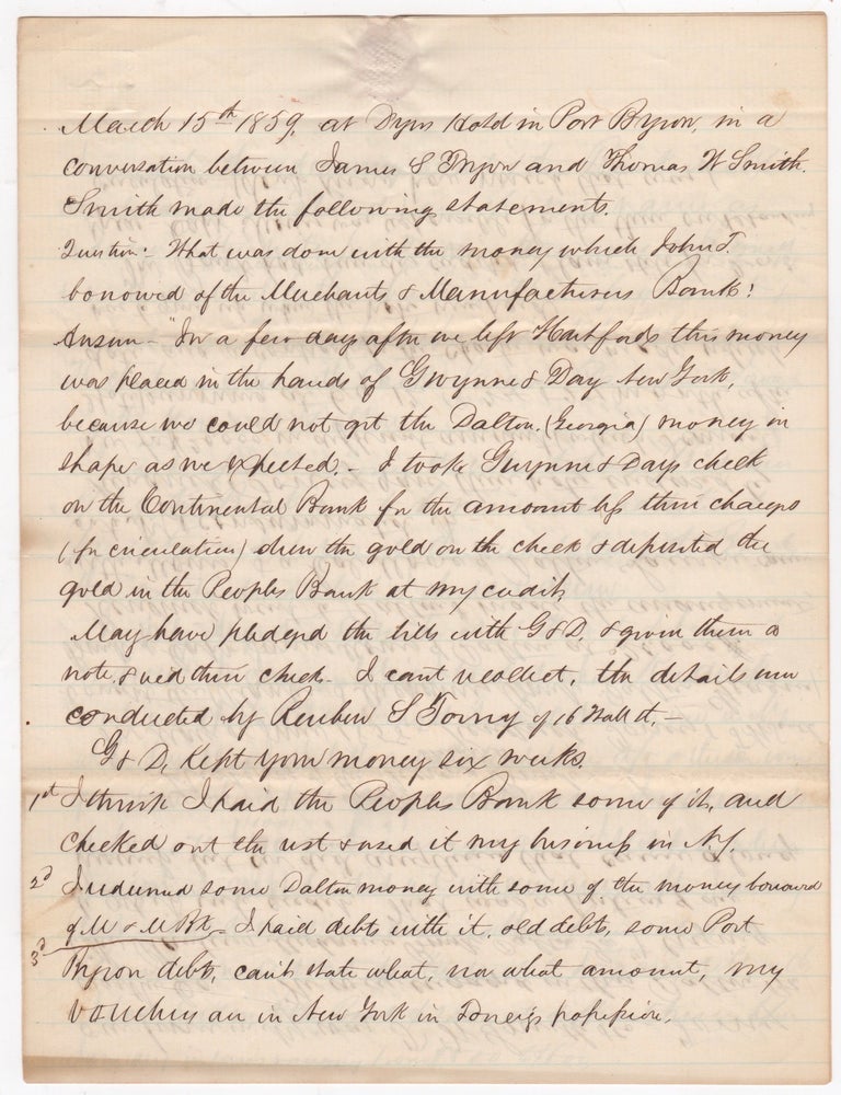 Item #45157 [Manuscript Signed] Inconsistencies Abound in Thomas Smith's Testimony Accounting for Loan Funds from the Merchants & Manufacturers Bank. Connecticut Banking. Fraud. Hartford, James S. Tryon.
