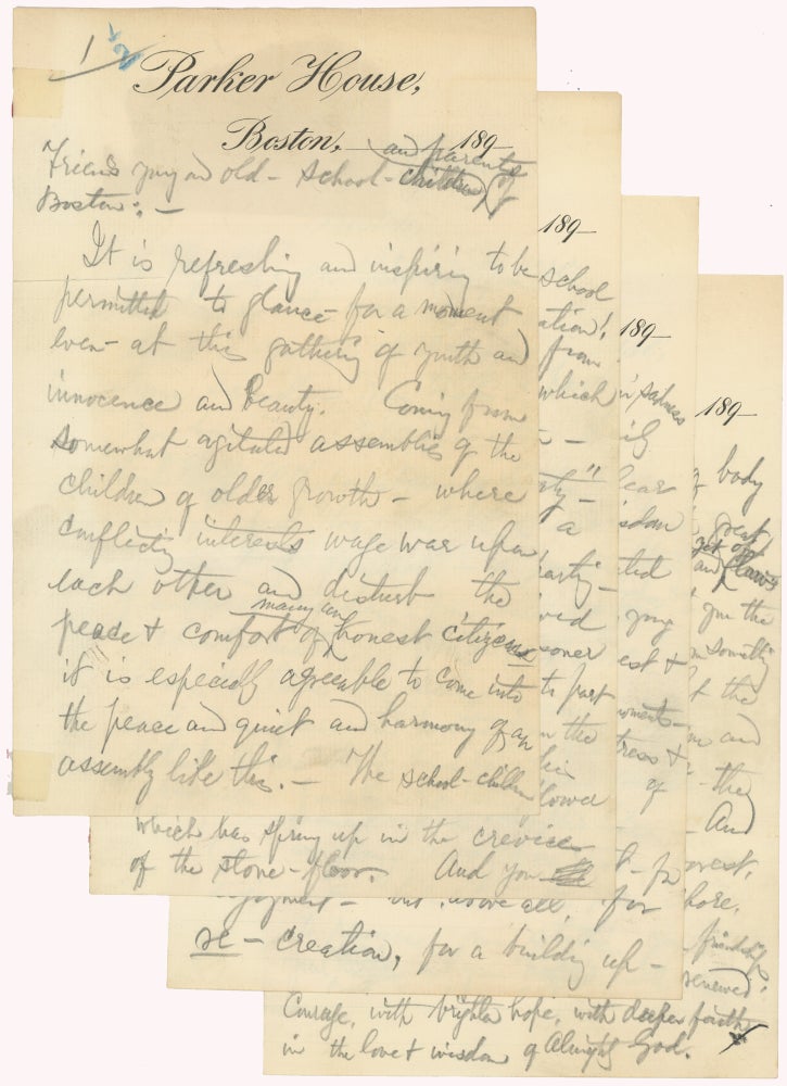Item #45223 Manuscript Draft of Massachusetts Governor Frederic T. Greenhalge's Speech to Boston Public School Graduates. Boston Public Schools, Frederic T. Greenhalge.