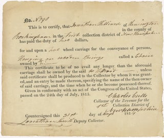 Item #45284 [Printed Document Completed in Manuscript] Duty Paid on a Two Wheel Carriage for the...