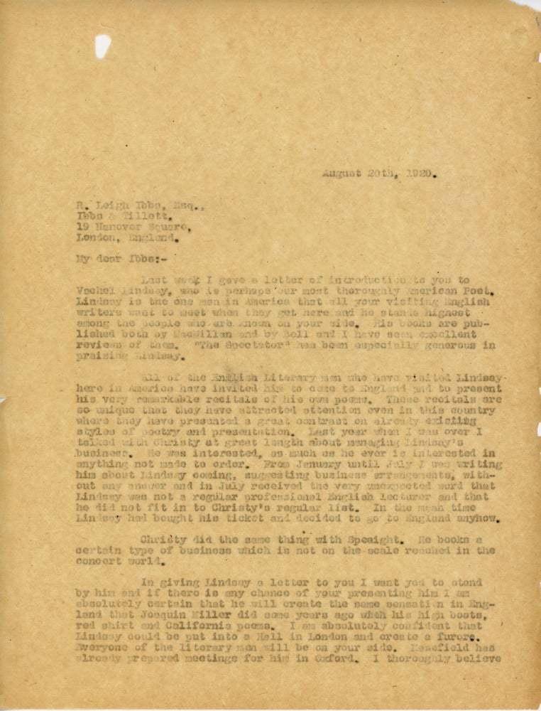 Item #45636 [Typed Letter] J. B. Pond, Vachel Lindsay's Agent, Pleads for Help in Booking Him to Lecture in England. Vachel Lindsay, J. B. Pond, James Burton Jr.