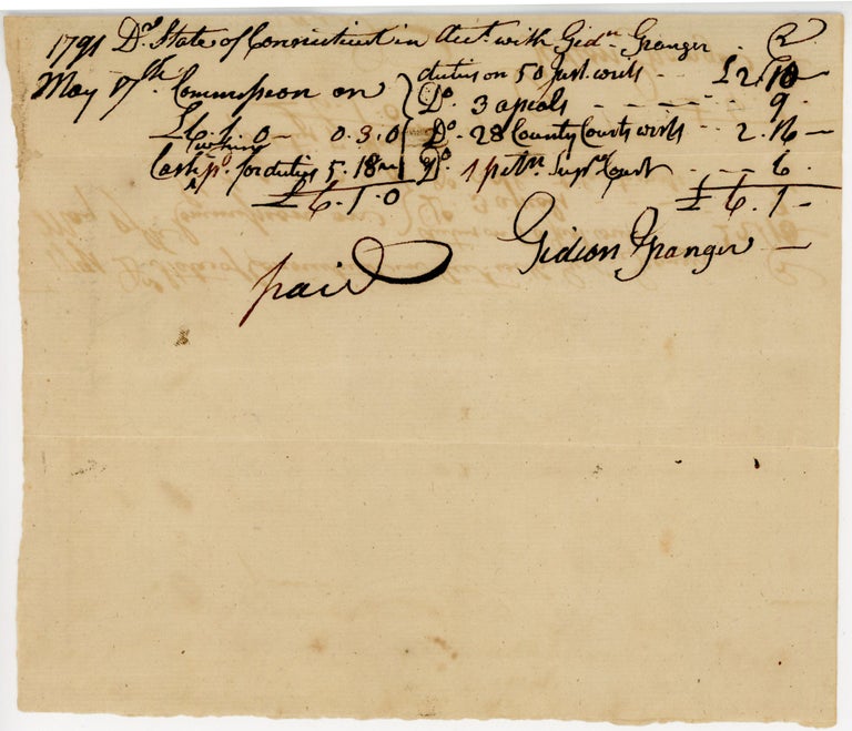 Item #45697 [Manuscript Receipt] Paid Commissions for the State of Connecticut in Account with Gideon Granger. Gideon Granger.