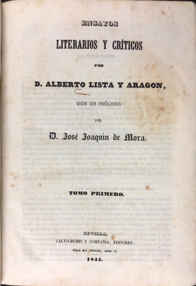 Item #45745 Ensayos Literarios y Criticos. Tomo Primero [with] Tomo Segundo [2 Volumes in 1]. Alberto Lista y. Aragon.