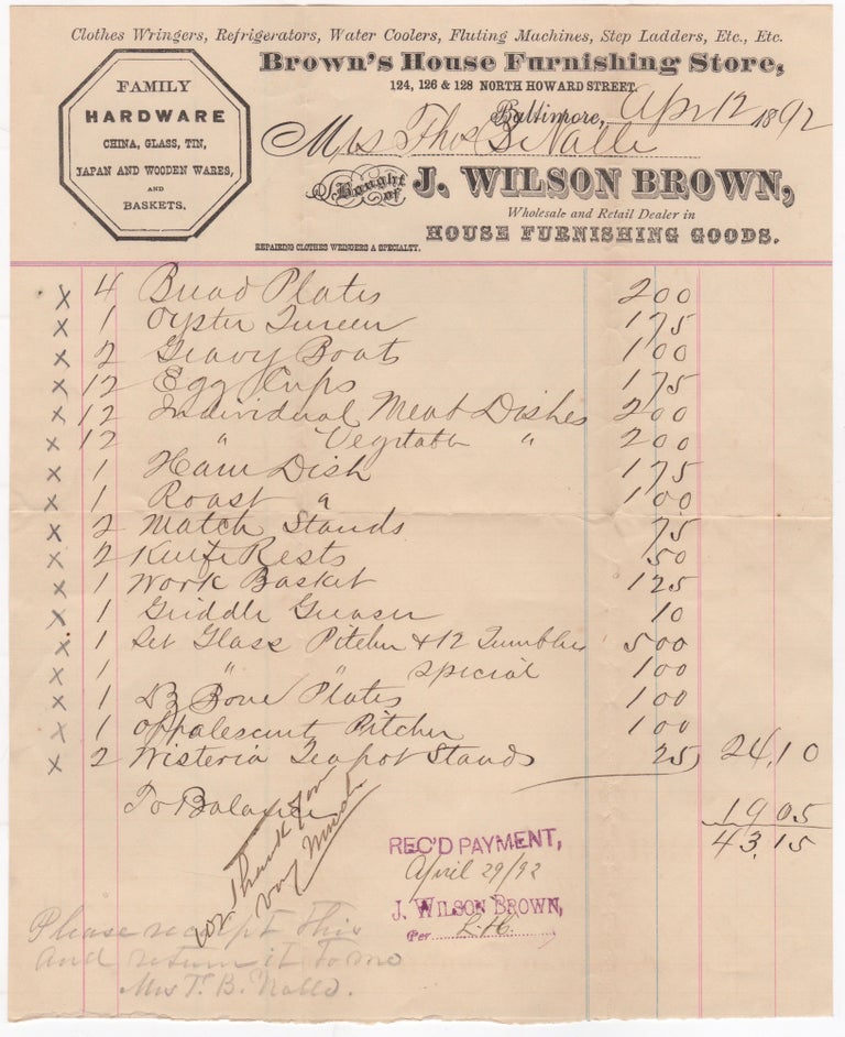 Item #45795 [Invoice on Letterhead] Brown's House Furnishings Store [with] Stamped Envelope from Proprietor J. Wilson Brown. Brown's House Furnishings Store.