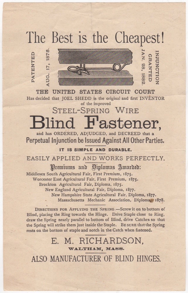 Item #45798 [Advertisement Circular] The Best is the Cheapest...Steel-Spring Wire Blind Fastener. Office Supplies, E M. Richardson.
