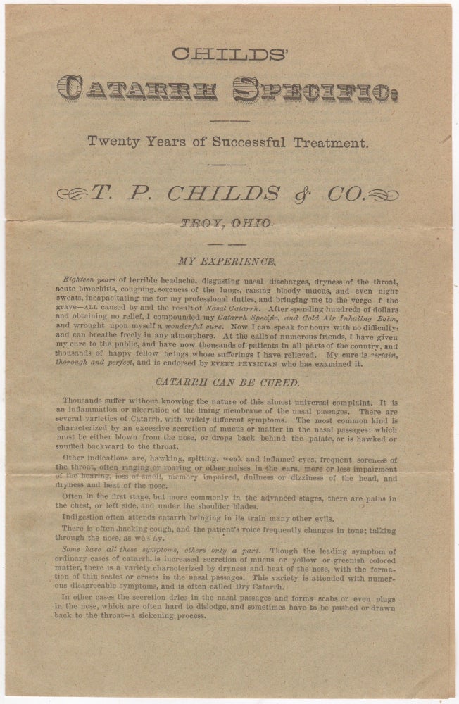 Item #45799 Child's Catarrh Specific. Twenty Years of Successful Treatment [with Testimonials & Order form]. Medical. Patent Medicines, T P. Childs, Co.