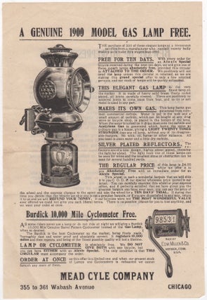 Item #45801 [Advertisement] A Genuine 1900 model gas lamp...or Burdick 10,000 Mile Cyclometer...