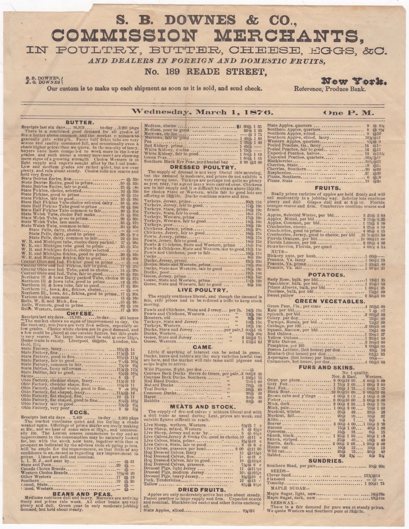 [Produce Merchants. New York] S.B. Downes & Co - [Price Sheet] S.B. Downes & Co. Commission Merchants, in Poultry, Butter, Cheese, Eggs, &C