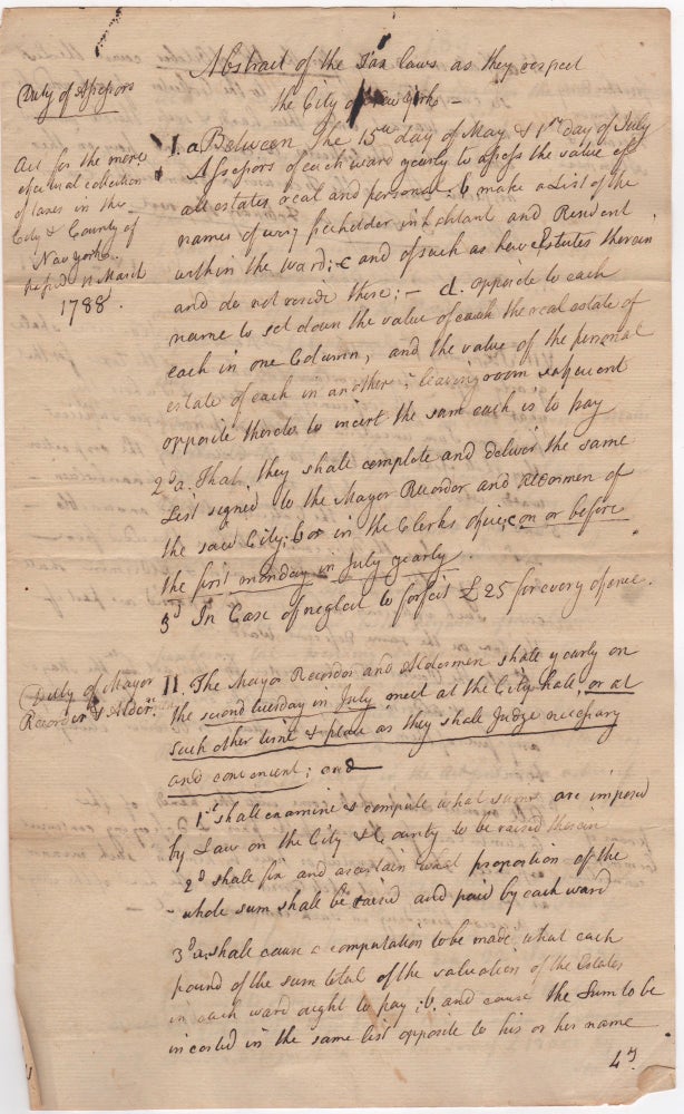 Item #45899 [Manuscript Document] Abstract of the Tax Laws for the City of New York and Taxes for 1789. City of New York.