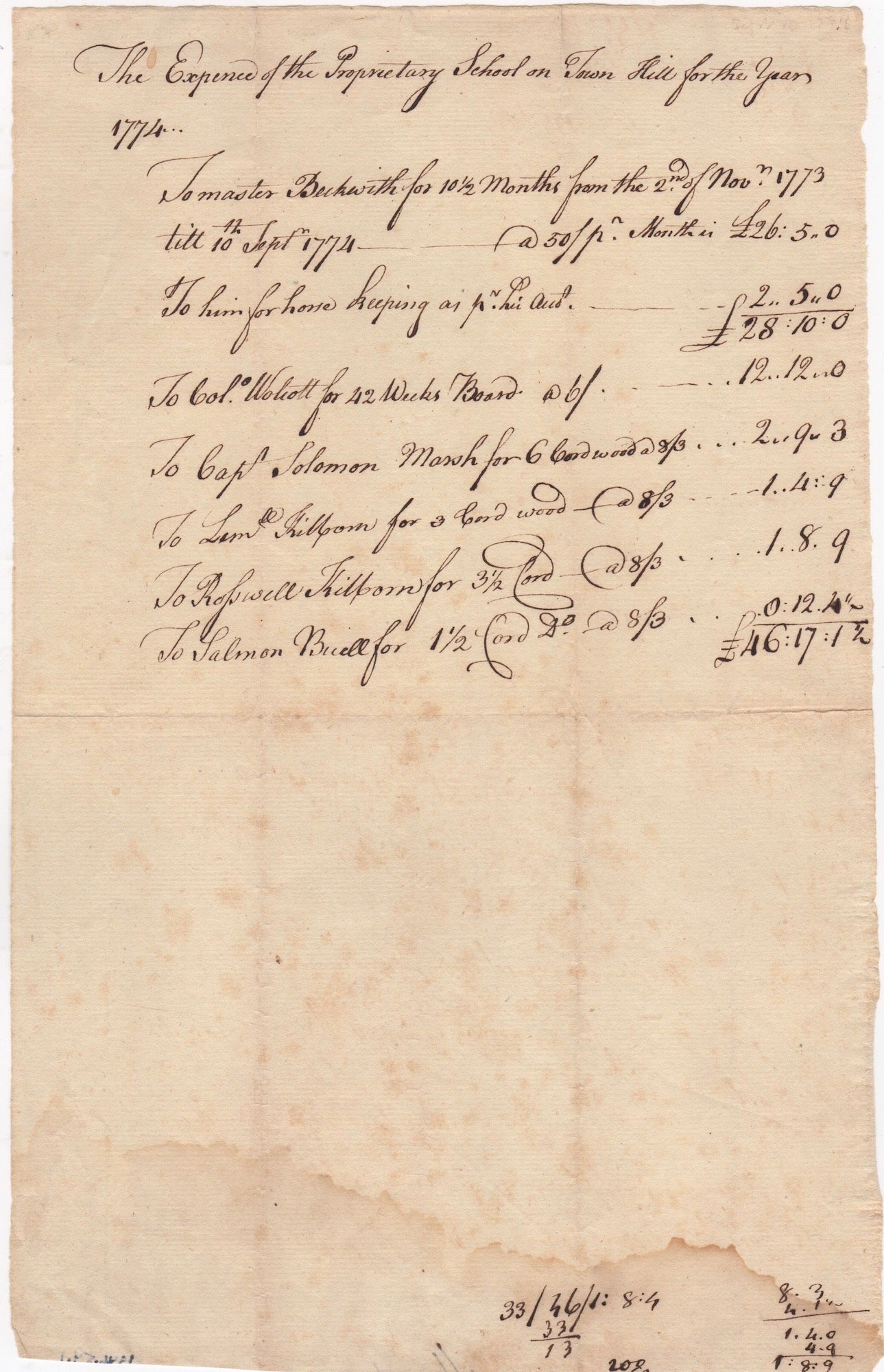 [Colonial Education. Connecticut. Wolcott, Oliver] - [Manuscript Expense Account] the Expense of the Proprietary School on Town Hill for the Year 1774