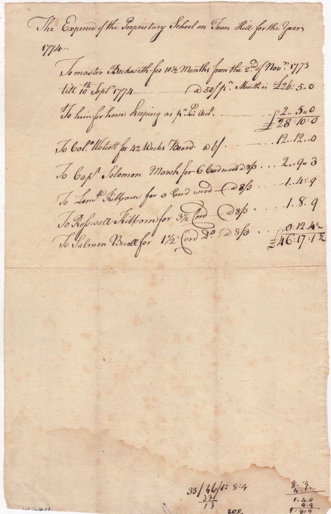Item #45963 [Manuscript Expense Account] The Expense of the Proprietary School on Town Hill for the Year 1774. Oliver Colonial Education. Connecticut. Wolcott.