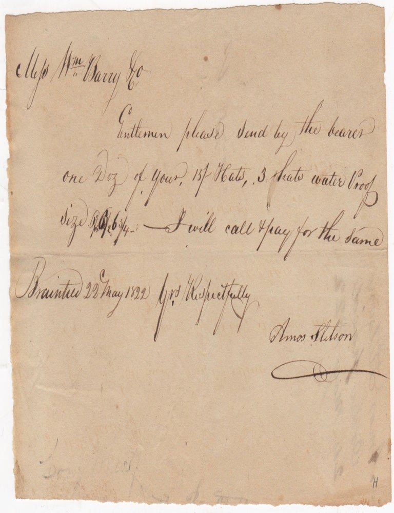 Item #45981 [Manuscript Receipt Signed] Order for Hats from William Barry & Co. William Barry, Co, Amos Stetson.