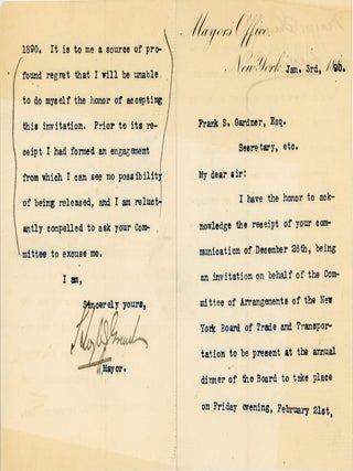 Item #45983 [Typed Letter Signed] Mayor Hugh J. Grant Declines an Invitation to the Annual Dinner...