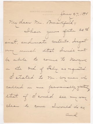 Item #45984 [Manuscript Letter Signed] William B. Allison Declines William Brookfield's...