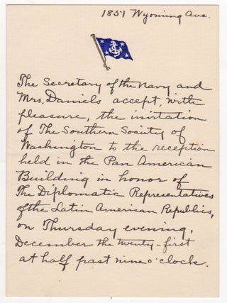 Item #45992 [Manuscript Letter] Secretary of Navy Josephus Daniels Accepts an Invitation from the...