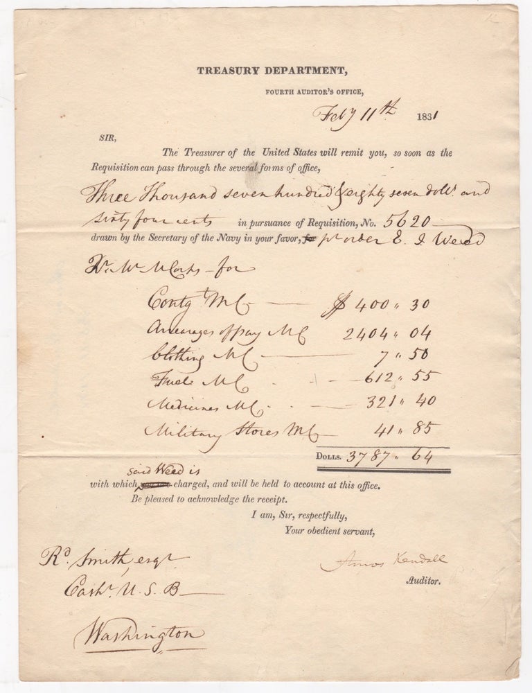 Item #45998 [Two Documents Signed] by Amos Kendall in His Role as Auditor and Postmaster of the United States. Amos Kendall.