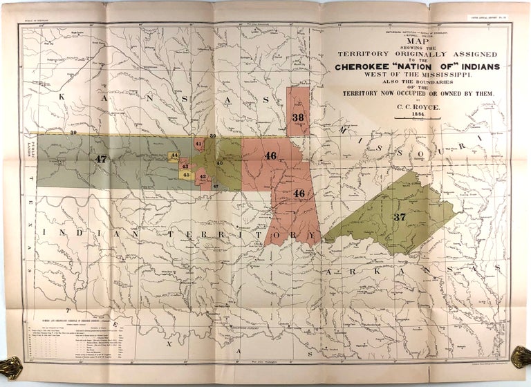 Item #46234 Map showing the territory originally assigned to the Cherokee "Nation of" Indians west of the Mississippi (1884). Native Americans. Cherokees, Charles C. Royce.