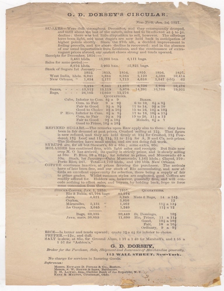 Item #46270 G.D. Dorsey's Circular. Broker for the Purchase, Sale, Shipment, and Insurance of Merchandise. G D. Dorsey.